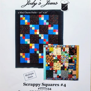 Puede incluir: Patrón de colcha Scrappy Squares #4 de Jody's Jems. El patrón utiliza 2 mini paquetes de encanto y mide 101,6 cm x 127 cm. La colcha está hecha de retazos de tela coloridos en un diseño de patchwork. El patrón está disponible en varios tamaños.
