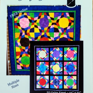 Puede incluir: Un patrón de colcha colorido con un diseño geométrico. La colcha está compuesta por nueve parches, cada uno con un color y un patrón diferente. La colcha se llama "Jazzy Jewels" y es una "Stack N Slash Nine Patch Quilt".