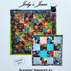 Puede incluir: Patrón de colcha Scrappy Squares #1 de Jody's Jems. El patrón utiliza un paquete de cuadrados de tela para crear una colcha colorida. El patrón es para una colcha que mide 98,4 cm por 98,4 cm.