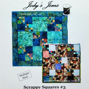 May include: Scrappy Squares #3 quilt pattern by Jody's Jems. This pattern uses scraps or a charm pack to create a quilt measuring 44 inches by 44 inches. The pattern includes two quilt designs, one with a blue and green color scheme and the other with a multi-colored design.