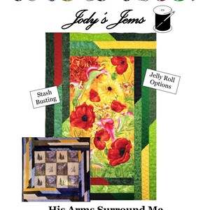 Może przedstawiać: Wzór patchworku z motywem kwiatowym z czerwonymi makami i żółtymi kwiatami. Wzór nosi nazwę "His Arms Surround Me" i jest oznaczony jako "Quick Panel Quilt".