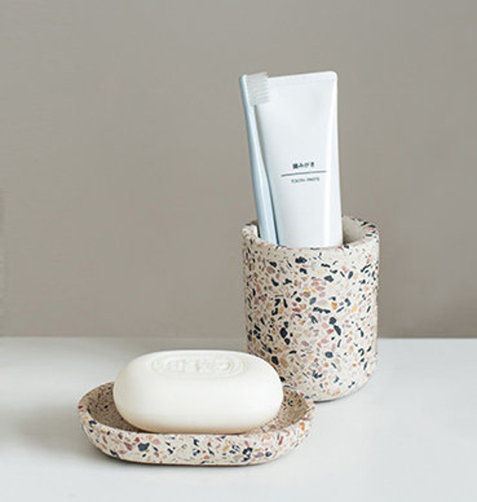 Terrazzo Toothbrush Holder Set stone bathroom accessories Etsy
