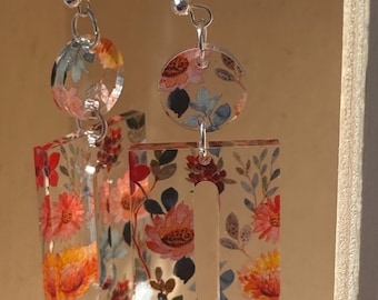 Pendientes colgantes de acrílico con purpurina hechos a mano, joyería floral estilo boho