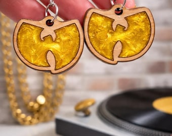 Wu-tang Dangle Earrings: Wood, Glitter, and Resin
