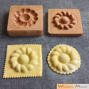 DAKFOOK Set Di 5 Stampini Per Ravioli – Manico In Legno E Bordo Scanalato – Forme Quadrate, Rovonde E Cuore – Attrezzi Per Pasta Fresca