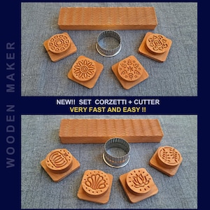 NEW! CORZETTI SET 1 or 2 . 4 stamps + tablet + cutter. Beech tree and oil for food use. Size 6x6 cm. Pasta diameter 4.5 cm
