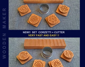 NEW! CORZETTI SET 1 or 2 . 4 stamps + tablet + cutter. Beech tree and oil for food use. Size 6x6 cm. Pasta diameter 4.5 cm