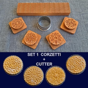 NEW! CORZETTI SET 1 . 4 stamps + tablet + cutter. Beech tree and oil for food use. Size 6x6 cm. Pasta diameter 4.5 cm