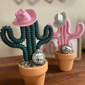 May include: Two small potted cactus plants with pink and white cowboy hats and disco ball ornaments. The cactus plants are in terracotta pots.