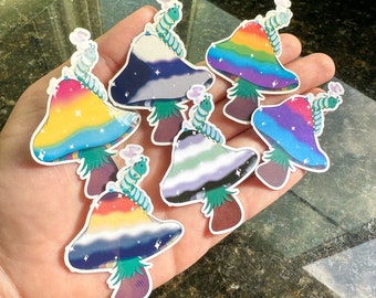 LGBTQ2+ Pride Mushie Vinyl Stickers - 37+ Options - Subtle LGBTQIA+ Mushroom Sticker - Charitable Donation Sticker