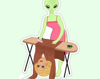 Funny Ironing Alien Sticker - Cute Alien Sticker - Colorful Holographic Sticker
