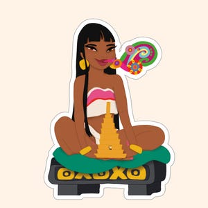 May include: A cartoon illustration of a woman with long black hair sitting cross-legged on a green cushion. She is wearing a white and pink top and a gold necklace. She is blowing a colorful swirl of smoke from her mouth. The cushion is on a black base with the word "OXUXO" written on it.