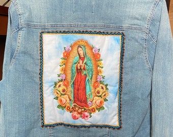 Vintage denim jacket embellished with La Virgin de Guadelupe