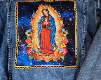 The beautiful Virgin de Guadalupe appliquéd onto a vintage denim jacket.