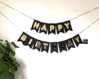 Personalised Happy Birthday Banner Party Flag Bunting Black and Gold