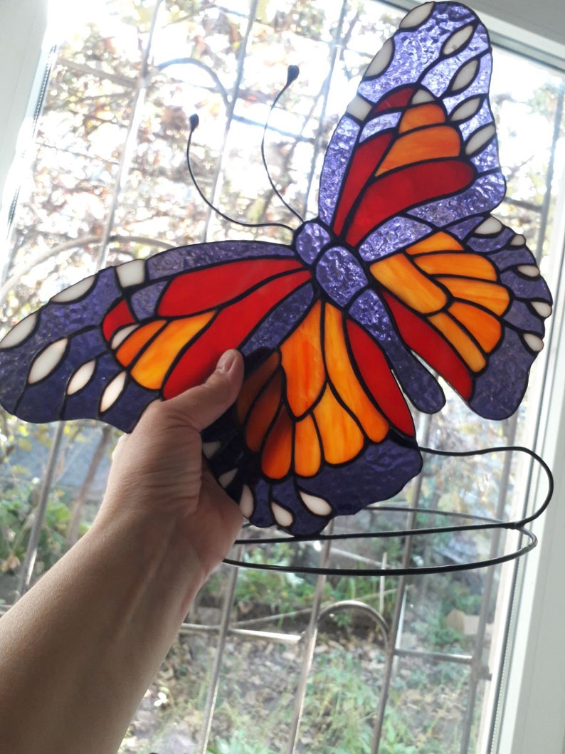 24" Painted Stained Glass and Iron Monarch Butterfly Suncatcher Wall Decor 