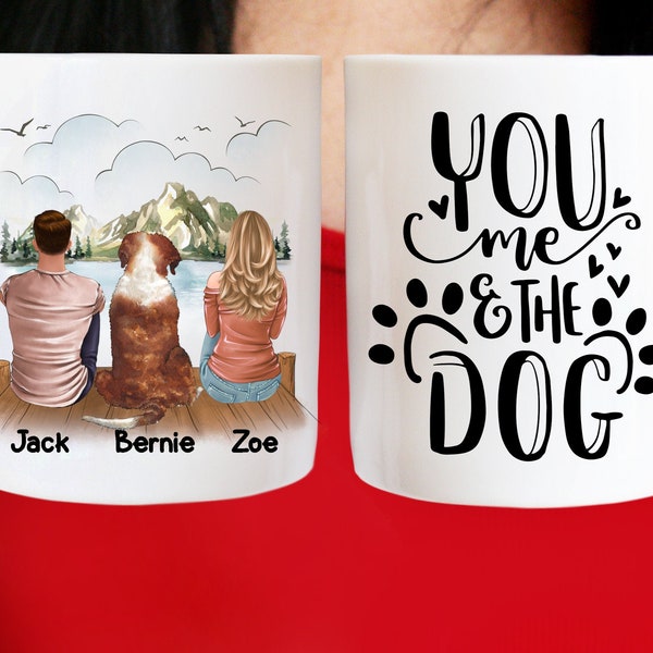 Personalised Couple Dog Mug - Personalised You Me & the Dog Mug and Coaster Set -  Boy and Girl with Dog Personalised Mug