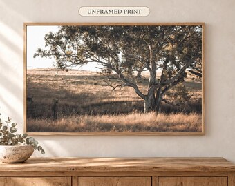 May include: A rectangular landscape print featuring a large tree in a golden, sunlit field of dry grass. The print is framed in light wood and displays the text UNFRAMED PRINT above the image, set against a neutral wall.