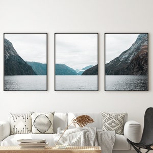 Set of 3 Mountain Lake Ocean Nature Prints Milford Sound New Zealand Landscape Cliffs Home Office Decor Scandinavian Photography Download