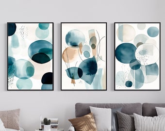Conjunto de arte de parede abstrata azul Boho com 3 impressões em tons neutros, decoração para casa e escritório, estilo escandinavo, arte de meados do século, arte moderna, impressões digitais