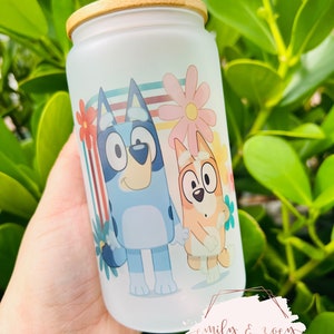 Floral Bluey & Bingo Frosted Glass Can | Custom Glass Can | Bluey Glass Can