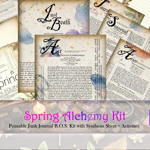 Peut inclure: Un ensemble de pages numériques de style vintage avec des accents floraux et aquarelles. Les pages présentent du texte manuscrit, les mots "Spring Reset", "Just Breath" et "Spring Alchemy Kit". Le kit comprend 15 pages numériques pour les journaux de rebut.