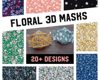 3D Face Mask in Floral Patterns, very comfortable, sits off your face, filter pocket, nose wire, soft tshirt yarn ties and 3 layers.