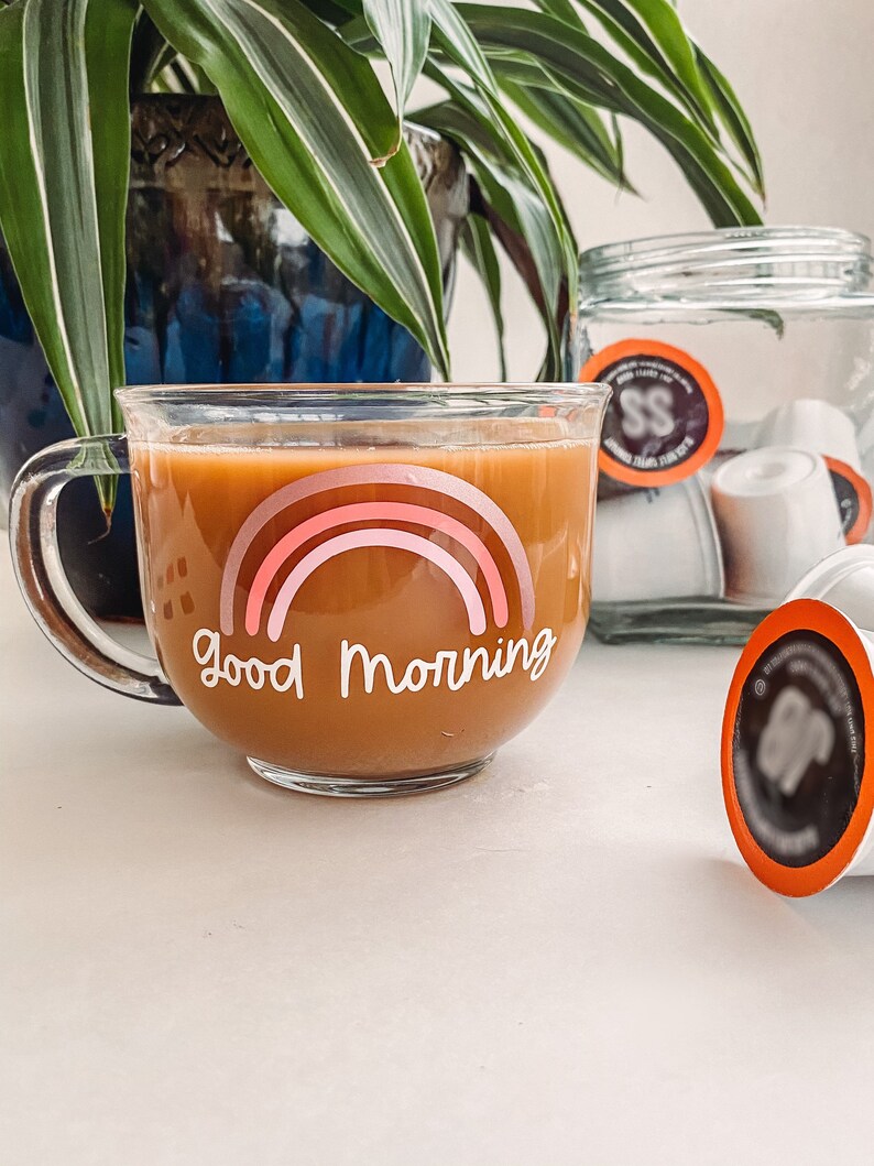 Good Morning Boho Rainbow Mug Glass Clear Glass Mug with Handle