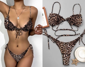 soft high quality fabric Leopard bikini Brazilian bikini set animal print semi thong bottom and adjustable top with removable padding