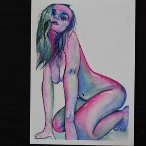 Watercolor Painting Portrait Drawing 5x7 ORIGINAL Art Surreal Wall Art Contemporary Art Painting Pop Art Print Postcard Colorful Modern Girl