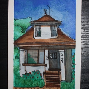 Blue and Gray Watercolor Small Original Painting 5x7&quot; postcard size House Architecture Mixed Media Drawing Colorful Artwork