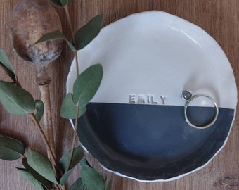 Neutral Blue Grey Painted Personalised Ring Dish Handmade l Trinket Dish l Ring Holder l Mothers Day Gift l Bridesmaid l Jewellery Dish