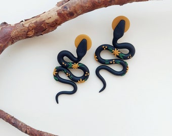 Snake earrings, Black snake,  Polymer clay earrings, Garden serpent, Aztec earrings, Statement earrings