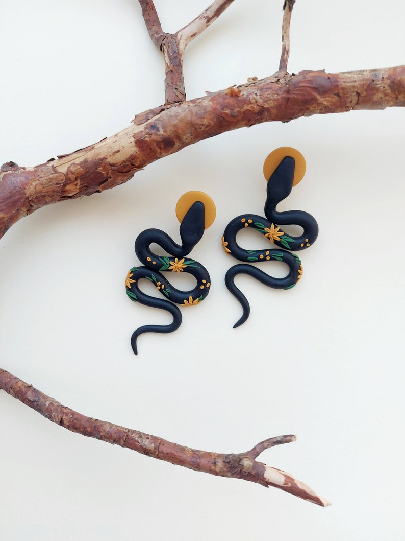 Snake Earrings Black Snake Polymer Clay Earrings Garden Etsy