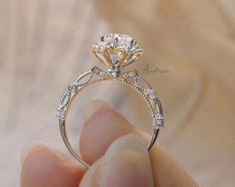 Vintage Two Tone Wedding Ring, Unique 2 Tone Moissanite Engagement Ring, Gold Heart Side Profile, Flower Solitaire Diamond Cute Promise Ring