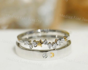 Anillo de pareja único, anillo de estrellas de la luna del sol, anillo de oro de 14 k para parejas, anillo de pareja a juego de moda, anillo de promesa, alianzas de boda a juego