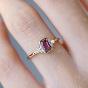 14K Gold Poppy Red Emerald Cut Engagement Ring, Natural Tourmaline Diamond Ring, Art Deco Anniversary Ring, Pink Tourmaline Wedding Ring