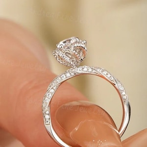 Rose Flower Twirl Halo Engagement Ring, Solitaire Flower Promise Ring, Twisted Wedding Band, Vintage Floral Anniversary Ring, Bloom Ring