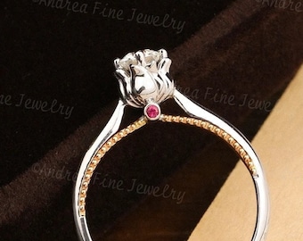 Dainty Two Tone Rose Ruby Wedding Ring, Unique 2 Tone Engagement Ring, Rose Flower Side Profile, Solitaire Diamond Birthstone Promise Ring