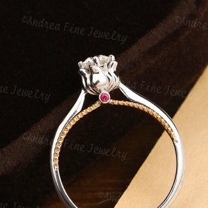 Dainty Two Tone Rose Ruby Wedding Ring, Unique 2 Tone Engagement Ring, Rose Flower Side Profile, Solitaire Diamond Birthstone Promise Ring