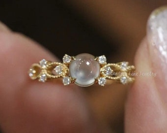 Dainty Ice Jadeite Diamond Ring, Delicate White Jade Cabochon Ring, Authentic Icy Jade Stackable Ring, Natural Grade A Burmese Jade Ring