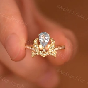 14k Guardian Angel Wing Pear Cut Aquamarine Promise Ring, March Birthstone Rings, Vintage Aquamarine Diamond Ring, Art Deco Cocktail Rings