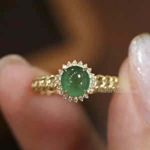 14k Dainty Icy Imperial Green Jade Ring, Halo Diamond Engagement Ring, Natural Vivid Green Jadeite Diamond Ring, Genuine Jade Gemstone Rings