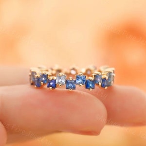 14k Real Gold Dainty Blue Ombre Ring, Sapphire Gradient Colors, Ombre Wedding Band, Blue Sapphire Ring, Rainbow Sapphire Full Eternity Ring