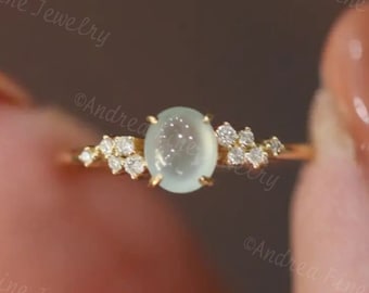 Solid 18k Gold Real Jadeite Ring, Authentic Icy Jade Ring, Cluster Diamonds Engagement Ring, Casual Everyday 4 Prong Solitaire Wedding Ring