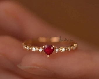 Vintage Heart Shaped Ruby Ring With Diamonds, Red Heart Ruby Engagement Ring, I Love You Ruby Promise Ring, Custom July Birthstone Rings