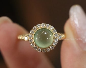 Vintage Icy Mint Green Jade Ring, Halo Diamond Engagement Ring, Natural Light Green Jadeite Diamond Ring, Genuine Jade Stone Round Cab Ring