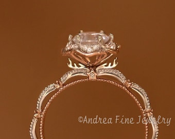 0.8ct Custom Moose Engagement Ring, Two Tone Color Deer Wedding Ring, Unique Ribbon Bow Wave Design Ring, Handcrafted Antler Promise Ring