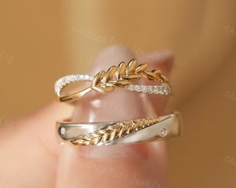 Leaf And Vine Wedding Band, His And Hers Ring Sets, Laurel Leaf Minimal Diamond Bands, Unique Couple Promise Rings, Two Color Wedding Rings