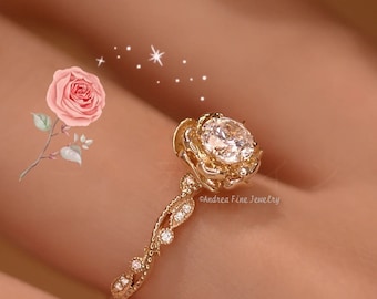 0.5 Carats Paeonia Moissanite Ring, Whimsical Wedding Ring, Flower Blooming Solitaire Engagement Ring, Handcrafted Botanical Garden Rings